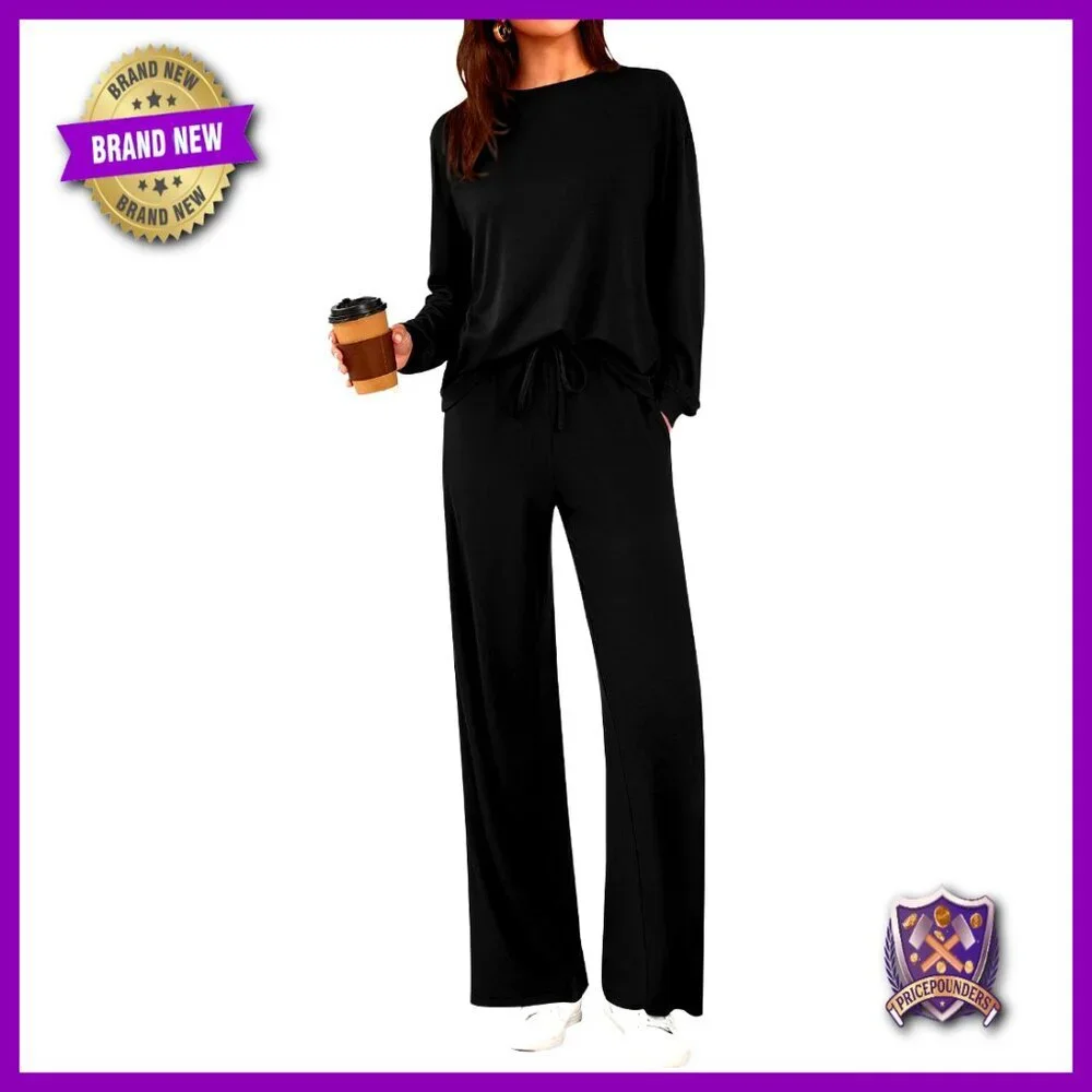 Loose Fit Long Sleeve Crewneck Wide Leg Pants Lounge Set Two Piece Tracksuit